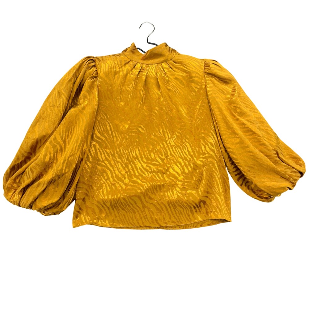 Alice + Olivia Mustard Yellow‎ Tiger Jacquard Puff Sleeve Mock Neck Blouse